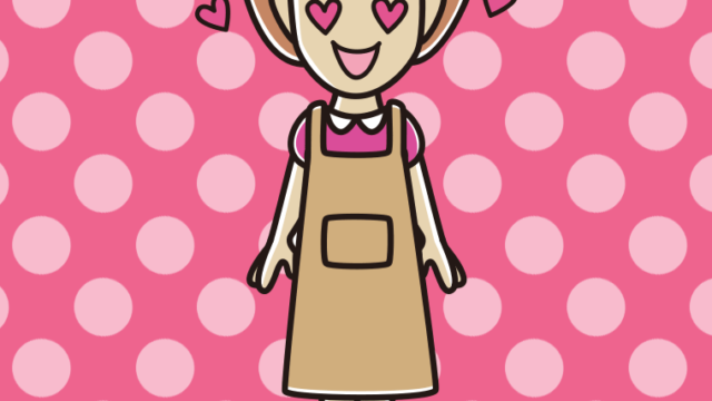 目がハートのエプロン姿の女性のイラスト【色、背景あり】PNG