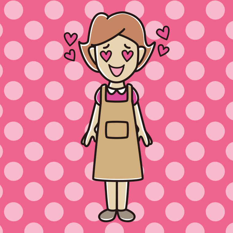 目がハートのエプロン姿の女性のイラスト【色、背景あり】PNG