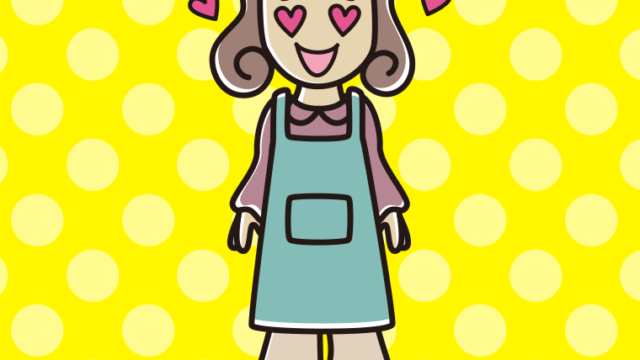 目がハートのエプロン姿の女子大学生のイラスト【色、背景あり】PNG