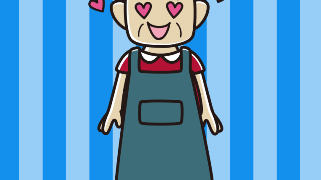 目がハートのエプロン姿のおじさんのイラスト【色、背景あり】PNG