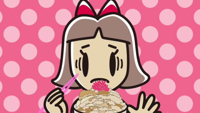 大盛牛丼で困る小学生女子のイラスト【色、背景あり】PNG