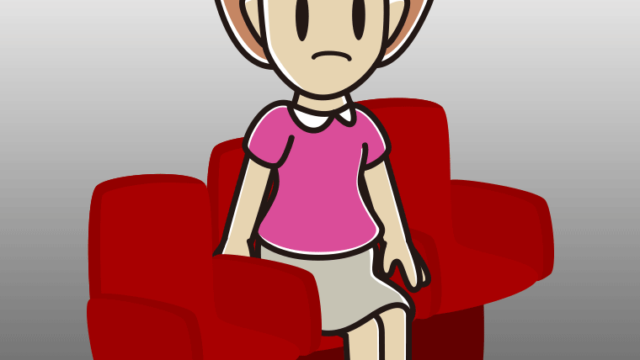 映画館（劇場）で困る女性のイラスト【色、背景あり】PNG