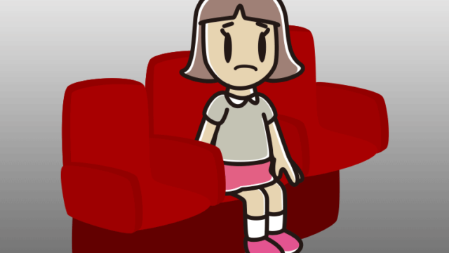 映画館（劇場）で困る小学生女子のイラスト【色、背景あり】PNG