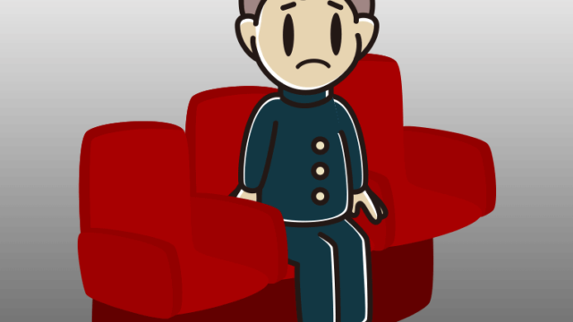 映画館（劇場）で困る男子中学生のイラスト【色、背景あり】PNG