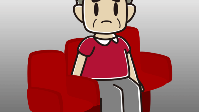 映画館（劇場）で困るおじさんのイラスト【色、背景あり】PNG