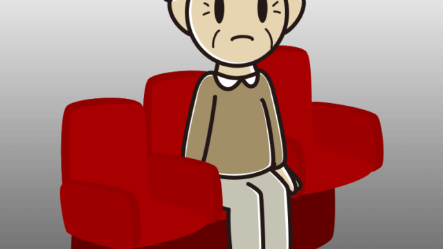 映画館（劇場）で困るおじいさんのイラスト【色、背景あり】PNG