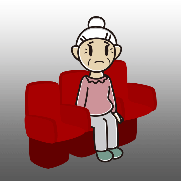 映画館（劇場）で困るおばあさんのイラスト【色、背景あり】PNG