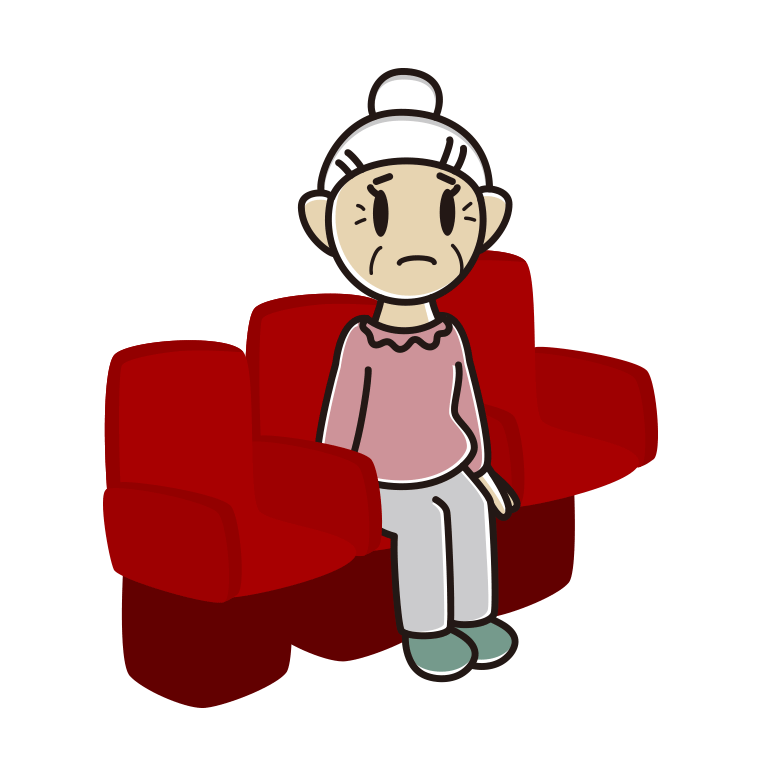 映画館（劇場）で困るおばあさんのイラスト【色あり、背景なし】透過PNG