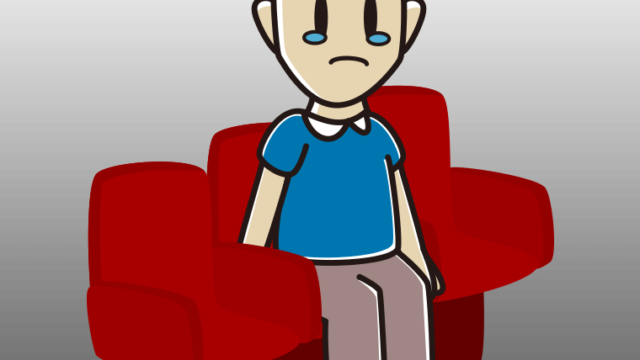 映画館（劇場）で泣く男性のイラスト【色、背景あり】PNG