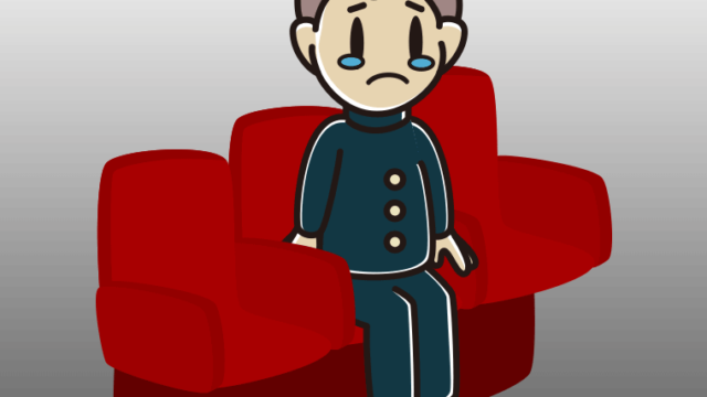 映画館（劇場）で泣く男子中学生のイラスト【色、背景あり】PNG