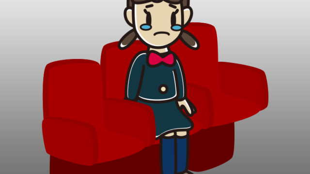 映画館（劇場）で泣く女子中学生のイラスト【色、背景あり】PNG
