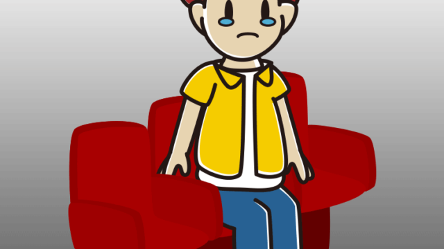 映画館（劇場）で泣く男子大学生のイラスト【色、背景あり】PNG