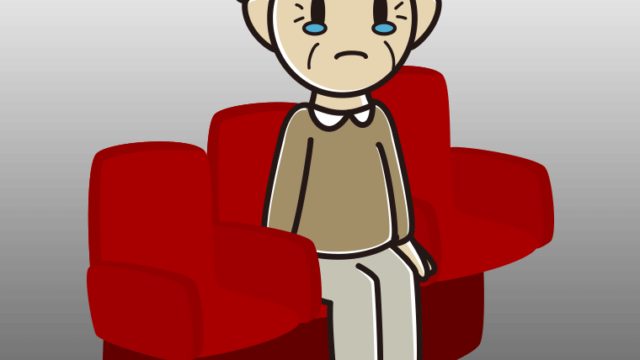 映画館（劇場）で泣くおじいさんのイラスト【色、背景あり】PNG