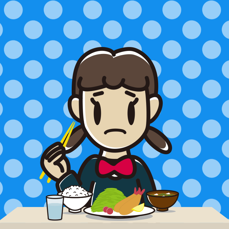 食事中に困る女子中学生のイラスト【色、背景あり】PNG