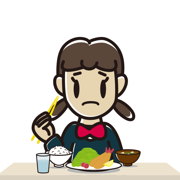 食事中に困る女子中学生のイラスト【色あり、背景なし】透過PNG