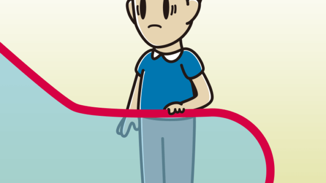 エスカレーターで困る男性のイラスト【色、背景あり】PNG