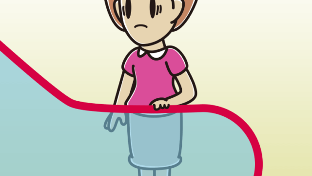 エスカレーターで困る女性のイラスト【色、背景あり】PNG