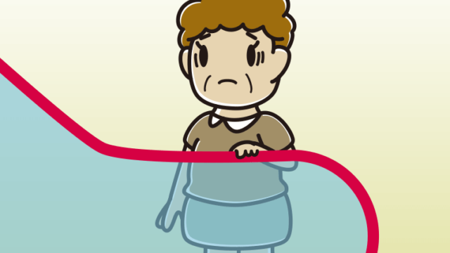 エスカレーターで困るおばさんのイラスト【色、背景あり】PNG