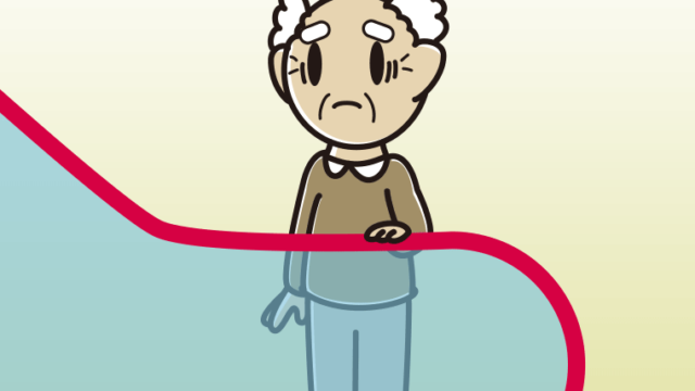 エスカレーターで困るおじいさんのイラスト【色、背景あり】PNG