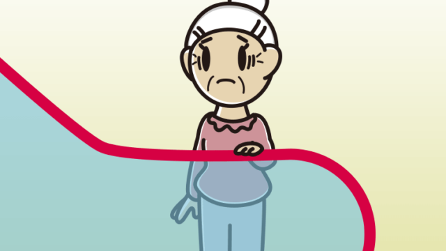 エスカレーターで困るおばあさんのイラスト【色、背景あり】PNG