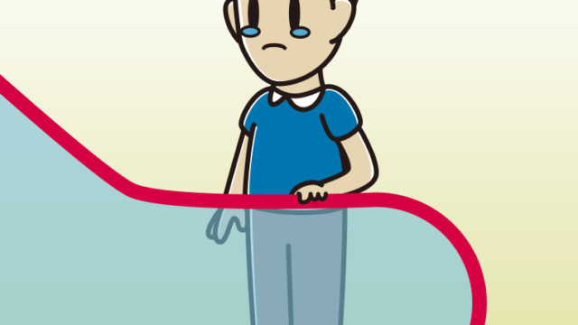 エスカレーターで泣く男性のイラスト【色、背景あり】PNG