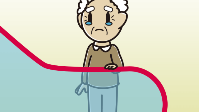 エスカレーターで泣くおじいさんのイラスト【色、背景あり】PNG