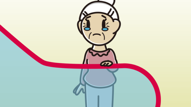 エスカレーターで泣くおばあさんのイラスト【色、背景あり】PNG