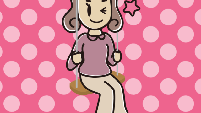 ブランコでウインクする女子大学生のイラスト【色、背景あり】PNG