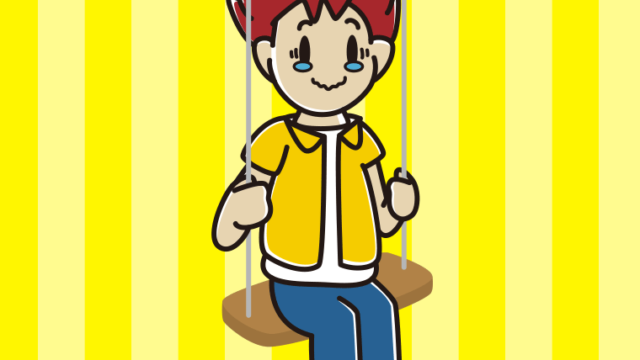 ブランコでジーンとする男子大学生のイラスト【色、背景あり】PNG