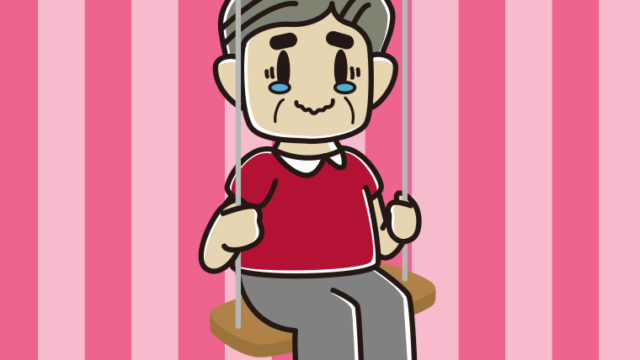 ブランコでジーンとするおじさんのイラスト【色、背景あり】PNG