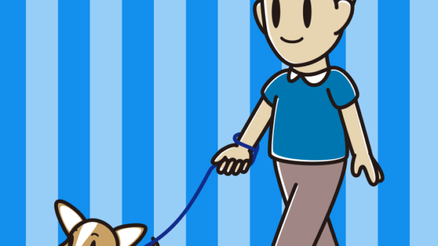 犬の散歩をする男性のイラスト【色、背景あり】PNG