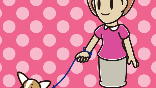 犬の散歩をする女性のイラスト【色、背景あり】PNG