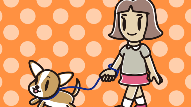 犬の散歩をする小学生女子のイラスト【色、背景あり】PNG