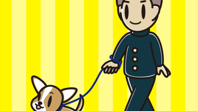 犬の散歩をする男子中学生のイラスト【色、背景あり】PNG