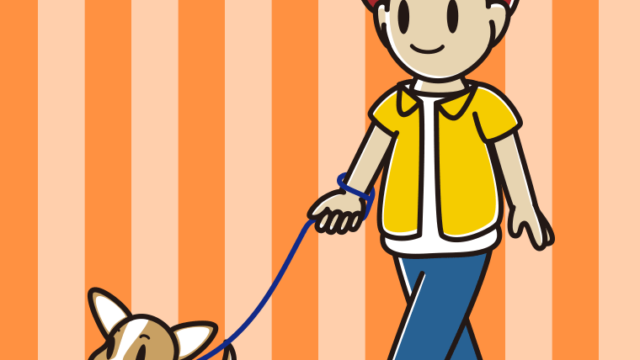 犬の散歩をする男子大学生のイラスト【色、背景あり】PNG