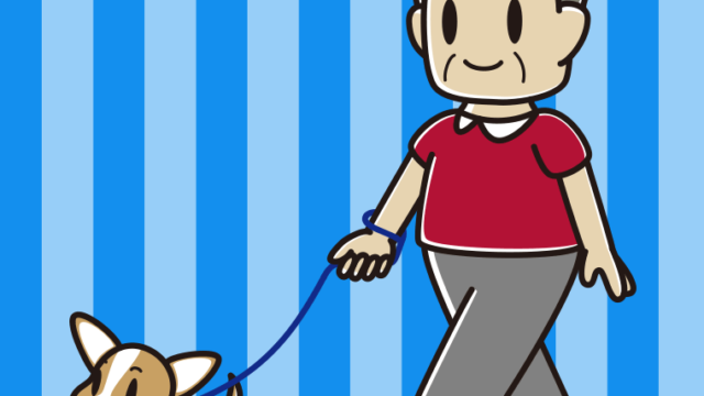 犬の散歩をするおじさんのイラスト【色、背景あり】PNG