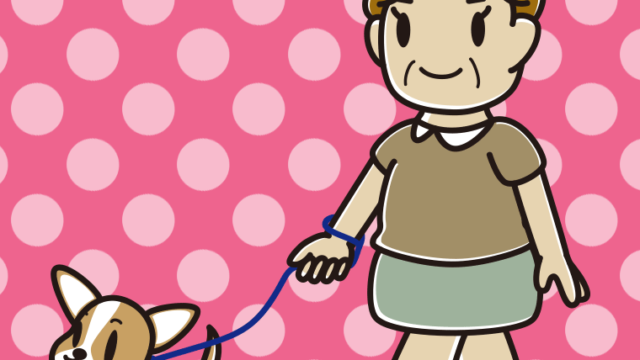 犬の散歩をするおばさんのイラスト【色、背景あり】PNG