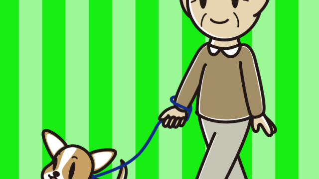 犬の散歩をするおじいさんのイラスト【色、背景あり】PNG