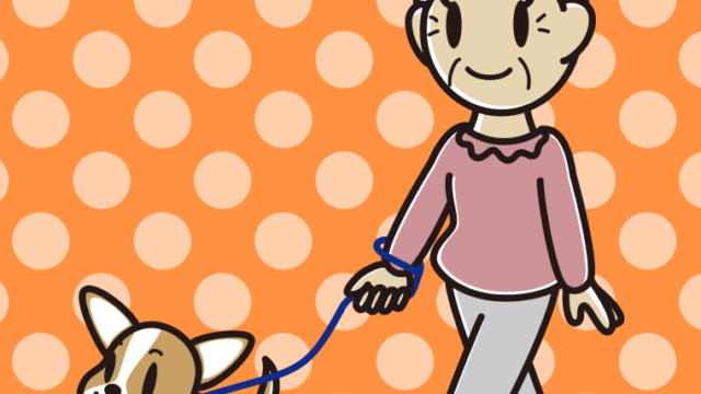 犬の散歩をするおばあさんのイラスト【色、背景あり】PNG