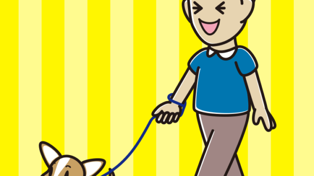 犬の散歩で笑う男性のイラスト【色、背景あり】PNG