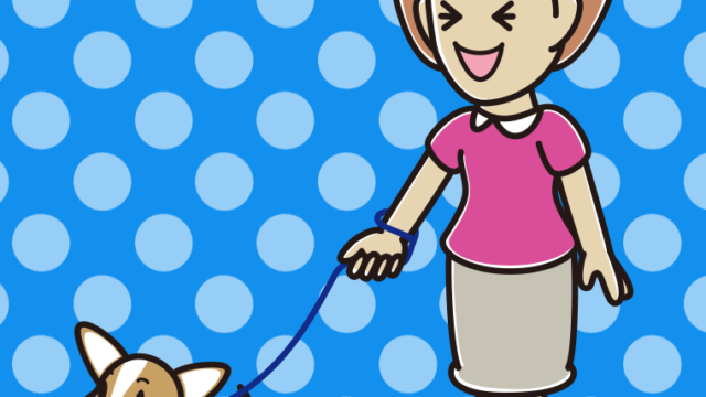 犬の散歩で笑う女性のイラスト【色、背景あり】PNG