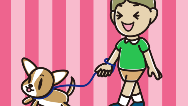 犬の散歩で笑う小学生男子のイラスト【色、背景あり】PNG