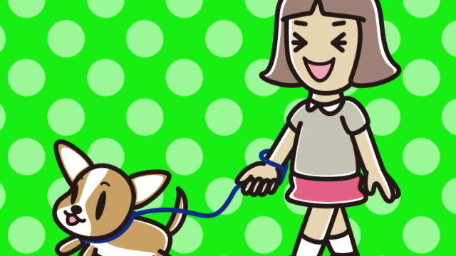 犬の散歩で笑う小学生女子のイラスト【色、背景あり】PNG