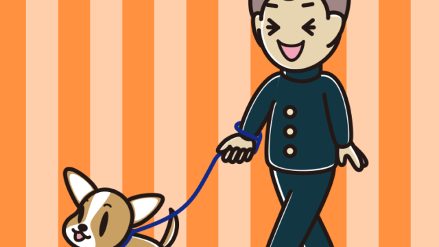 犬の散歩で笑う男子中学生のイラスト【色、背景あり】PNG