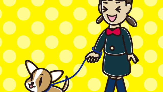 犬の散歩で笑う女子中学生のイラスト【色、背景あり】PNG