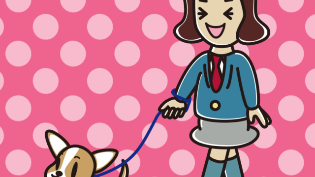 犬の散歩で笑う女子高校生のイラスト【色、背景あり】PNG