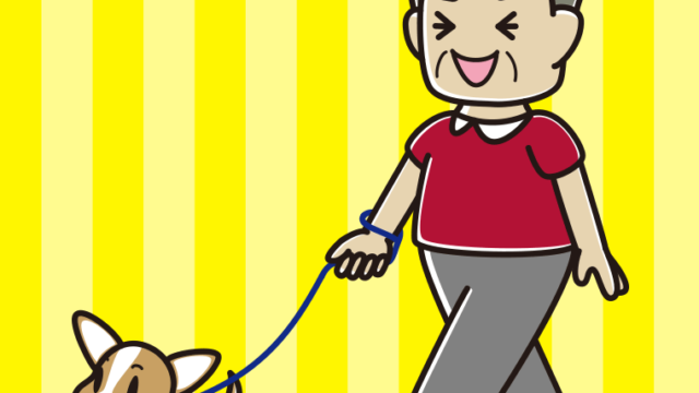 犬の散歩で笑うおじさんのイラスト【色、背景あり】PNG