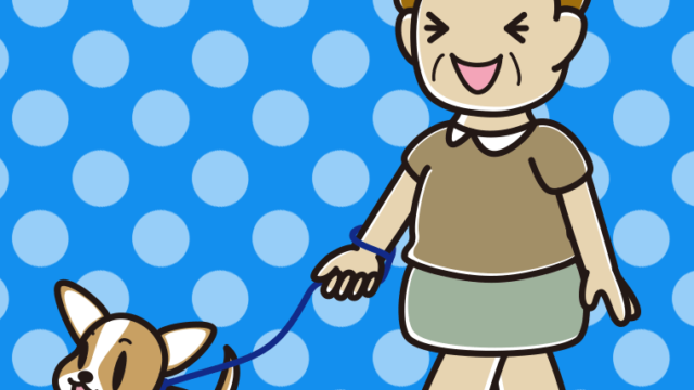 犬の散歩で笑うおばさんのイラスト【色、背景あり】PNG