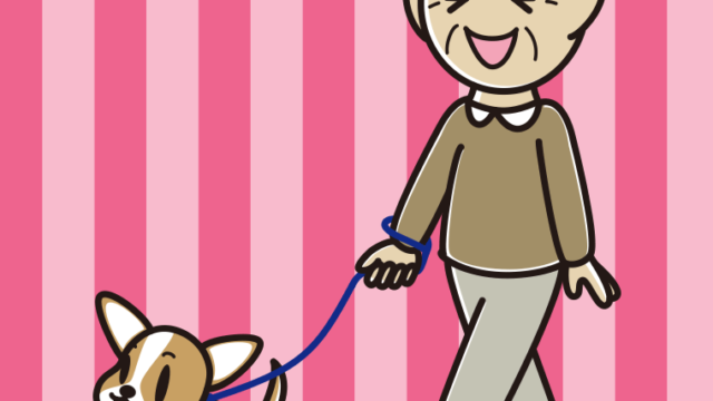 犬の散歩で笑うおじいさんのイラスト【色、背景あり】PNG