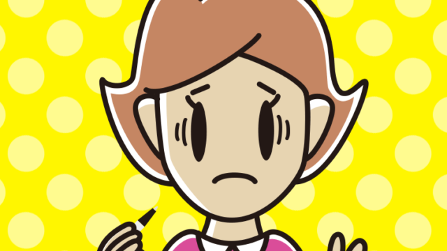 ボールペンを持って困る女性のイラスト【色、背景あり】PNG